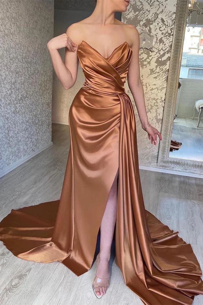 Weitese Dress Sophisticated Long A-Line Satin Sleeveless Party Dress With Elegant Side Slit Prom Dress